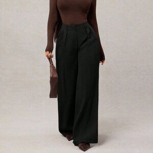 Black Women's Casual High Waisted Pleated Wide Leg Pants